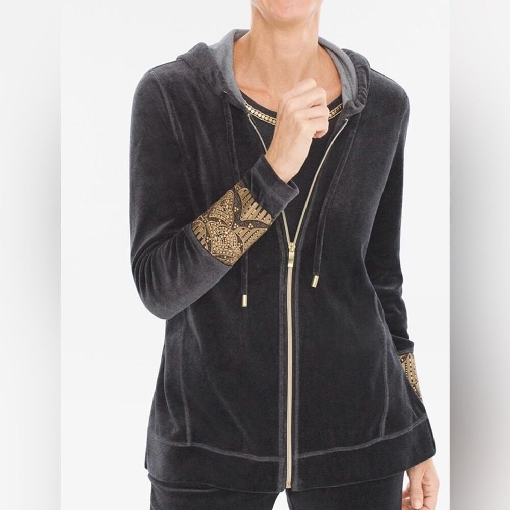 Zenergy by Chico’s full zip beaded sleeve hooded velour womens jacket Size 3(XL)